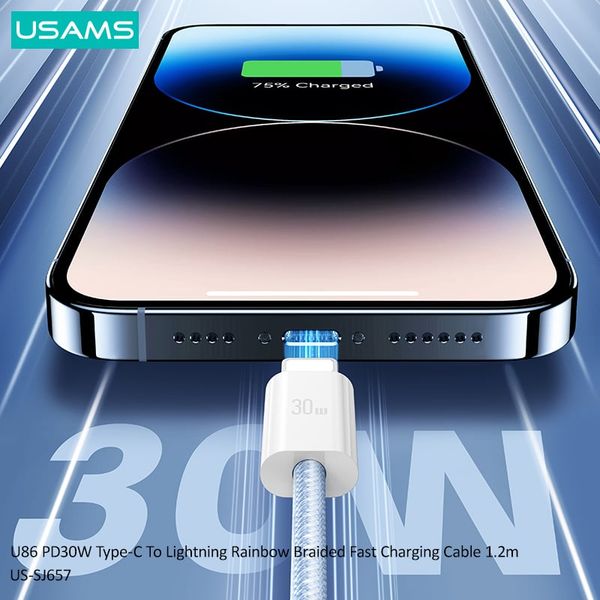 Cáp sạc nhanh USAMS SJ657 U86 PD30W Type-C To Lightning Rainbow Braided