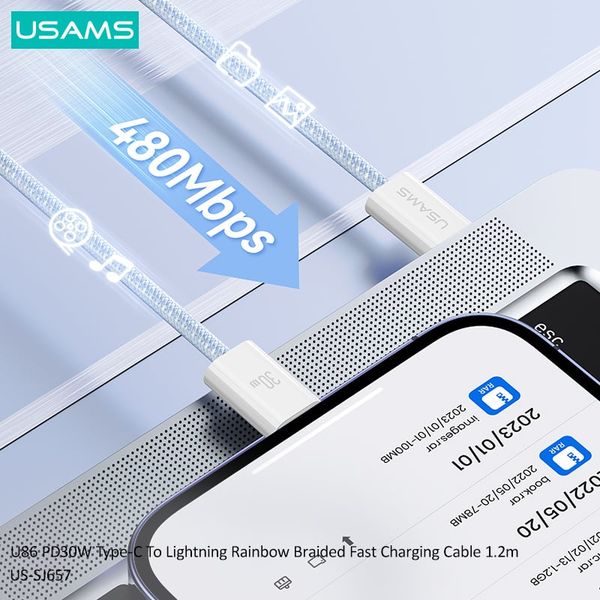 Cáp sạc nhanh USAMS SJ657 U86 PD30W Type-C To Lightning Rainbow Braided