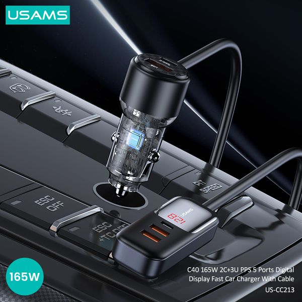 Tẩu Sạc Cho Ô Tô 2C + 3A USAMS CC213 C40 165W (Digital Display, QC, PD3.0, with 1.5m Data Cable)