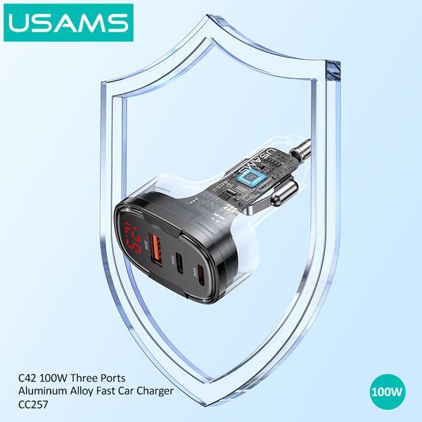 Tẩu Sạc Xe Hơi USAMS CC257 C42 100W 3 Cổng Aluminum Alloy Fast Car Charger
