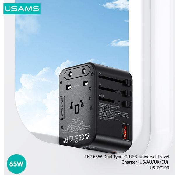 Bộ Sạc Nhanh Du Lịch Đa Năng 2C+U USAMS CC199 T62 GaN 65W (EU/UK/AU/US)
