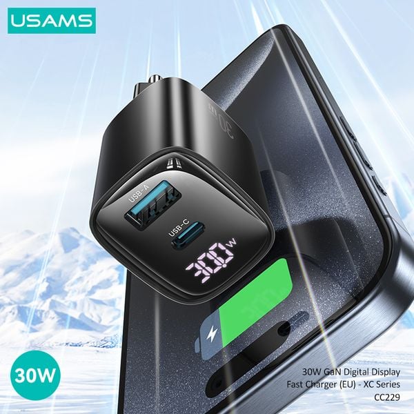 Củ Sạc Nhanh USAMS CC229 2 Cổng A+C 30W GaN Digital Display Fast Charger