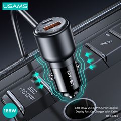 Tẩu Sạc Cho Ô Tô 2C + 3A USAMS CC213 C40 165W (Digital Display, QC, PD3.0, with 1.5m Data Cable)
