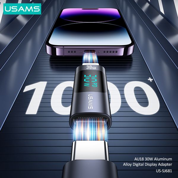 Đầu chuyển Type-C To Lightning USAMS SJ681 AU18 30W (Aluminum Alloy Digital Display Adapter)