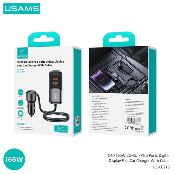 Tẩu Sạc Cho Ô Tô 2C + 3A USAMS CC213 C40 165W (Digital Display, QC, PD3.0, with 1.5m Data Cable)