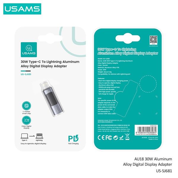 Đầu chuyển Type-C To Lightning USAMS SJ681 AU18 30W (Aluminum Alloy Digital Display Adapter)