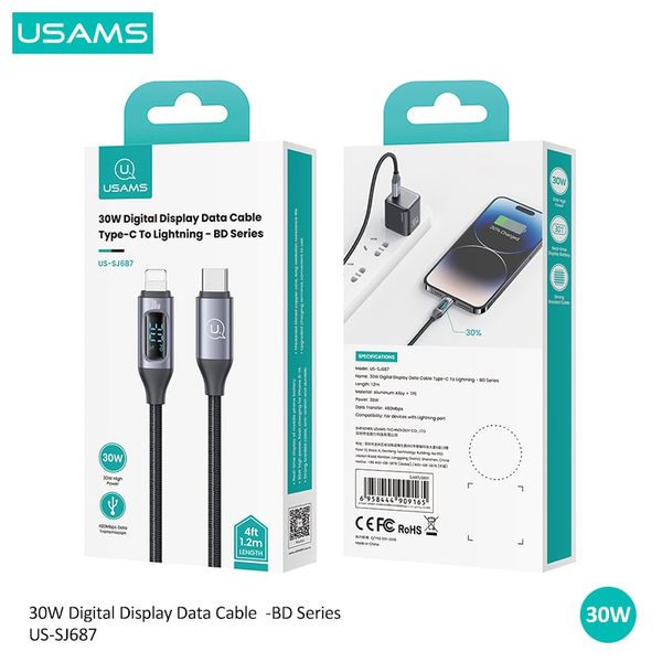 Cáp sạc nhanh USAMS SJ687 Type-C To Lightning 30W Aluminum Alloy Digital Display BD Series