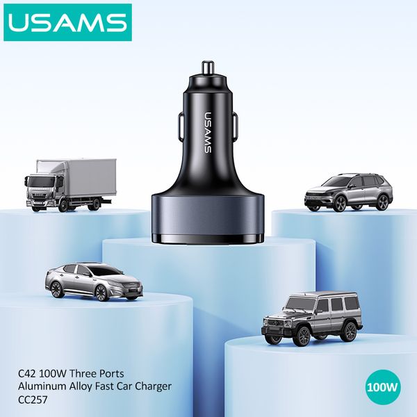 Tẩu Sạc Xe Hơi USAMS CC257 C42 100W 3 Cổng Aluminum Alloy Fast Car Charger