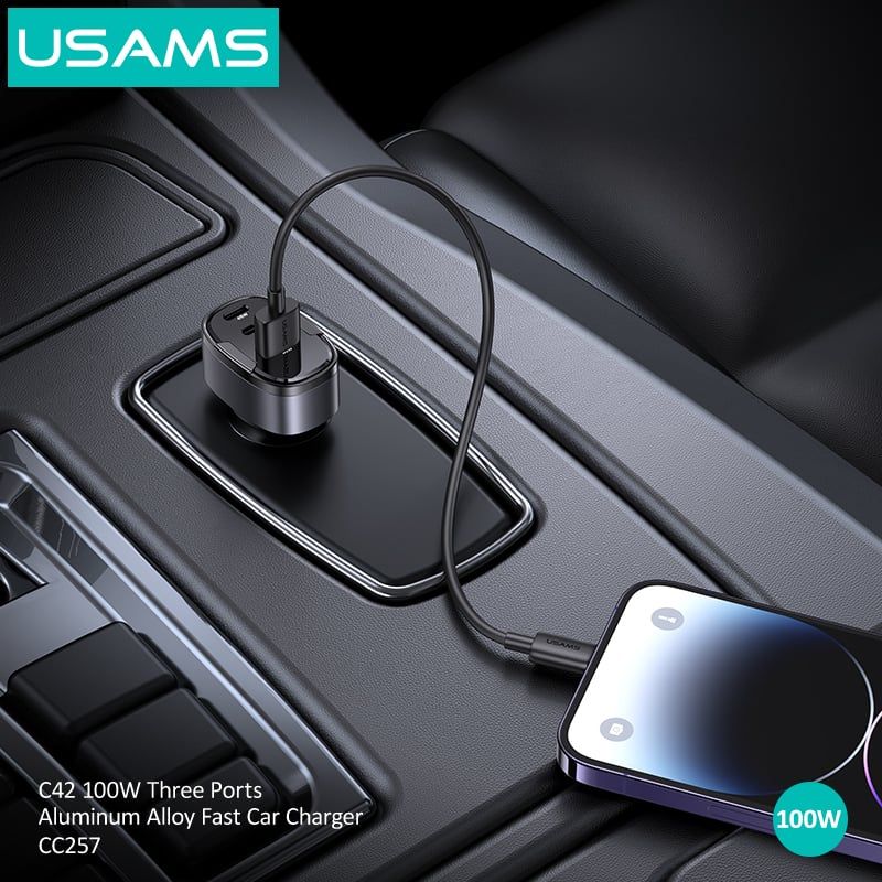 Tẩu Sạc Xe Hơi USAMS CC257 C42 100W 3 Cổng Aluminum Alloy Fast Car Charger