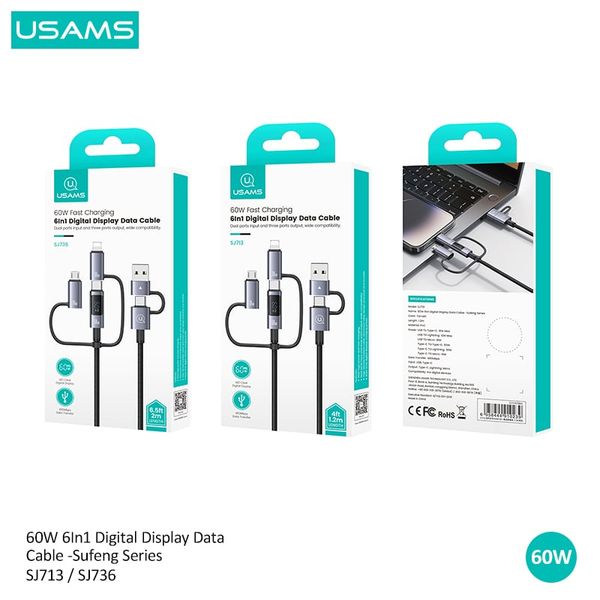 Cáp sạc đa năng USAMS SJ713 / SJ736 60W 6In1 Digital Display Sufeng Series