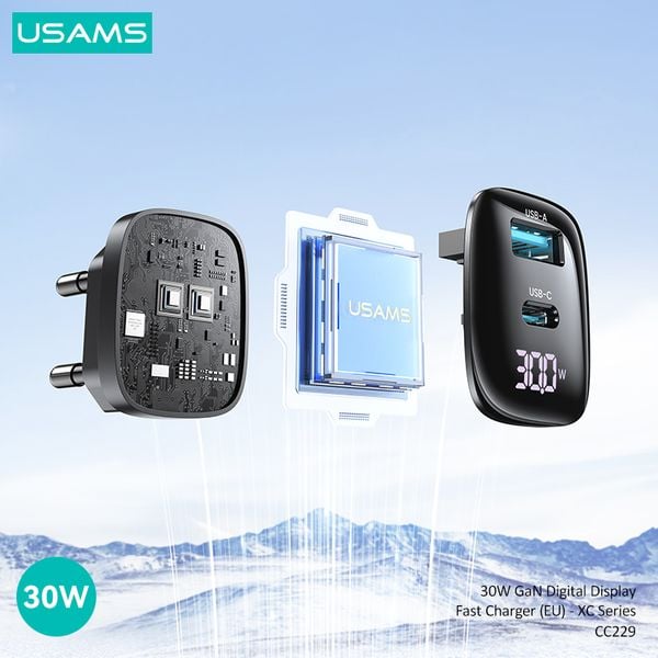 Củ Sạc Nhanh USAMS CC229 2 Cổng A+C 30W GaN Digital Display Fast Charger