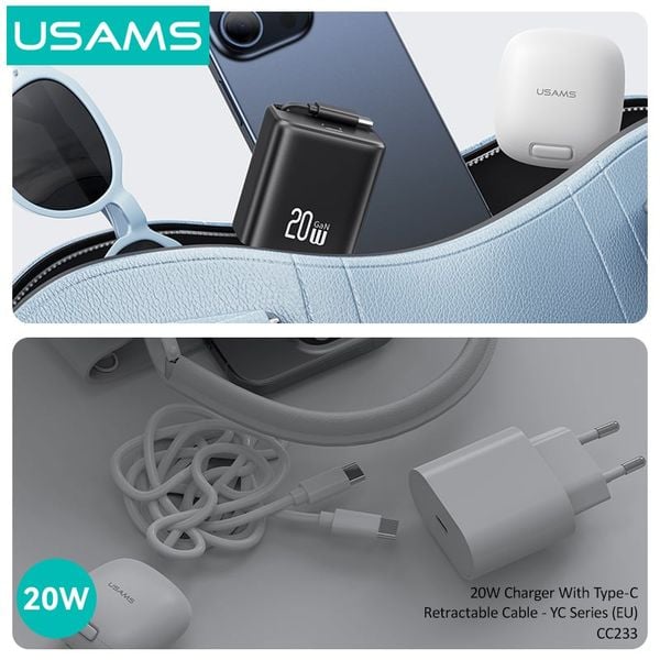 Bộ Sạc Nhanh Tích Hợp Cáp Dây Rút USAMS CC233 20W GaN Charger PD3.0+QC3.0