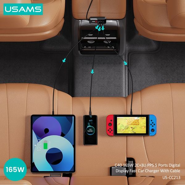 Tẩu Sạc Cho Ô Tô 2C + 3A USAMS CC213 C40 165W (Digital Display, QC, PD3.0, with 1.5m Data Cable)
