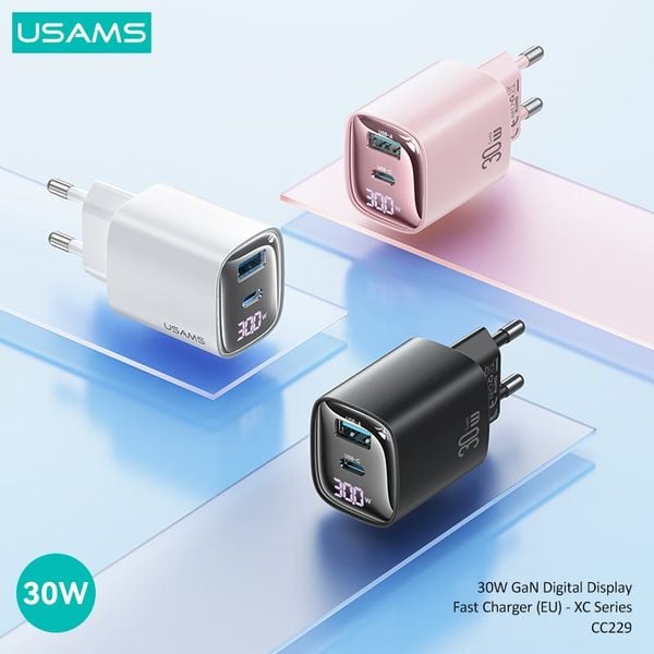 Củ Sạc Nhanh USAMS CC229 2 Cổng A+C 30W GaN Digital Display Fast Charger