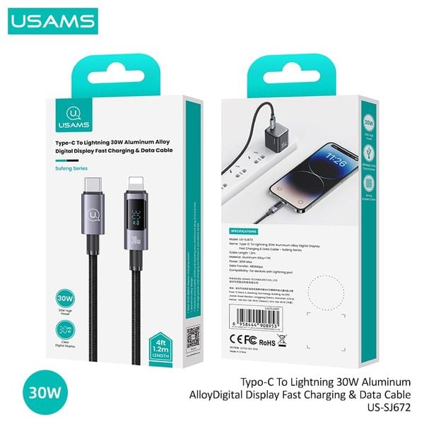 Cáp sạc nhanh USAMS SJ672 Type-C To Lightning 30W Aluminum Alloy Digital Display Sufeng Series