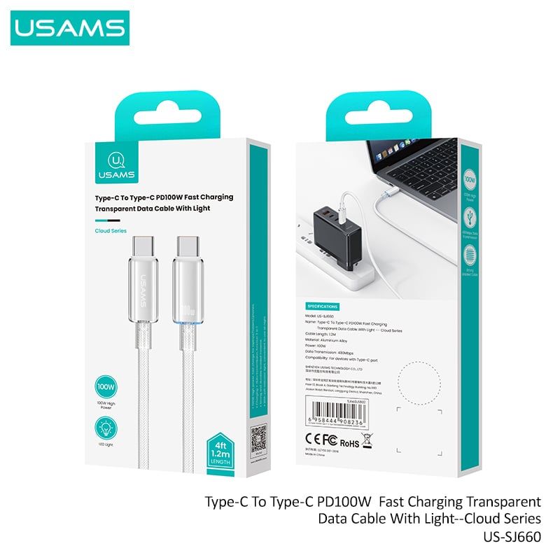 Cáp sạc nhanh USAMS SJ660 Type-C To Type-C PD100W Cloud Series