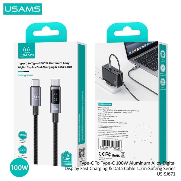 Cáp sạc nhanh USAMS SJ671 Type-C To Type-C 100W Aluminum Alloy Digital Display Sufeng Series