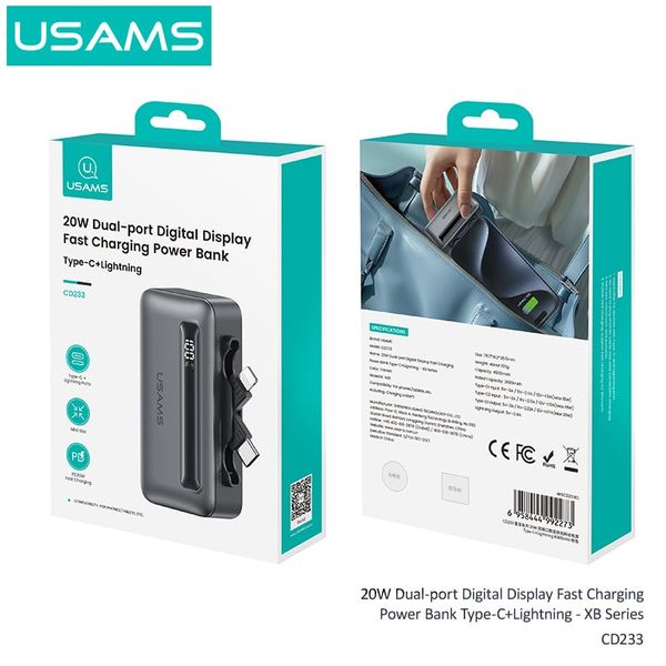 Pin Dự Phòng Mini USAMS CD233 4500mAh 20W (Cổng Type-C + Lightning, Digital Display)