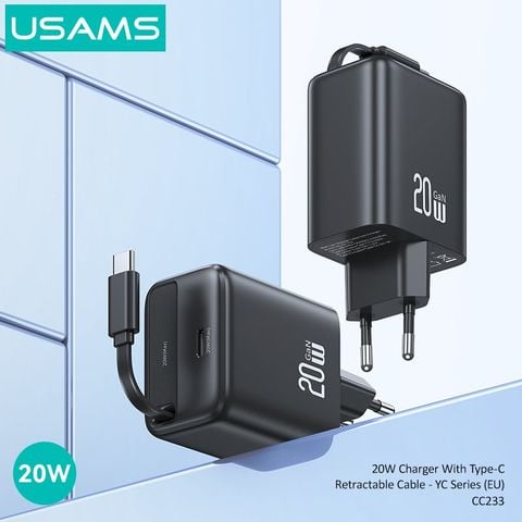 Bộ Sạc Nhanh Tích Hợp Cáp Dây Rút USAMS CC233 20W GaN Charger PD3.0+QC3.0