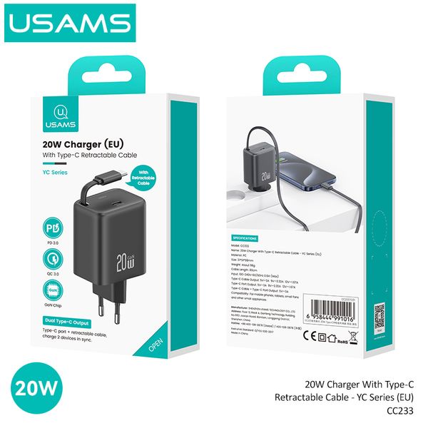 Bộ Sạc Nhanh Tích Hợp Cáp Dây Rút USAMS CC233 20W GaN Charger PD3.0+QC3.0