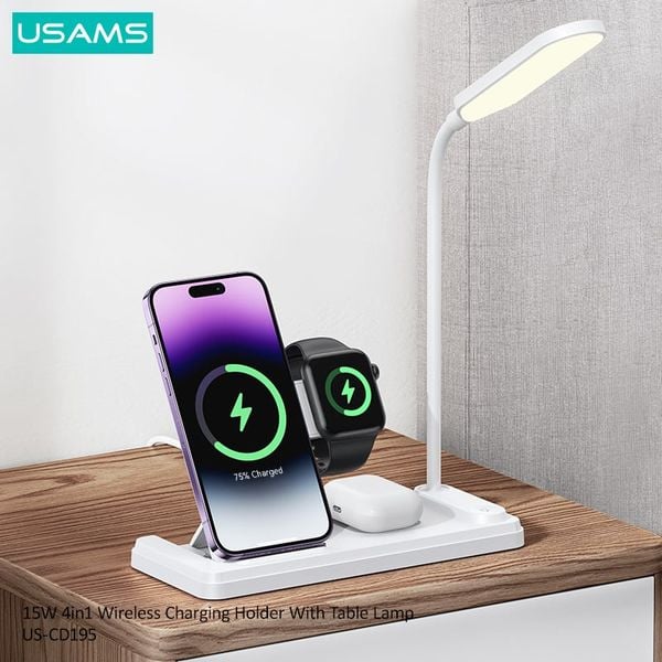 Đế sạc không dây tích hợp đèn bàn USAMS CD195 15W 4in1 Wireless Charging Holder With Table Lamp