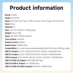 Bộ Sạc Nhanh Du Lịch Đa Năng 2C+U USAMS CC199 T62 GaN 65W (EU/UK/AU/US)