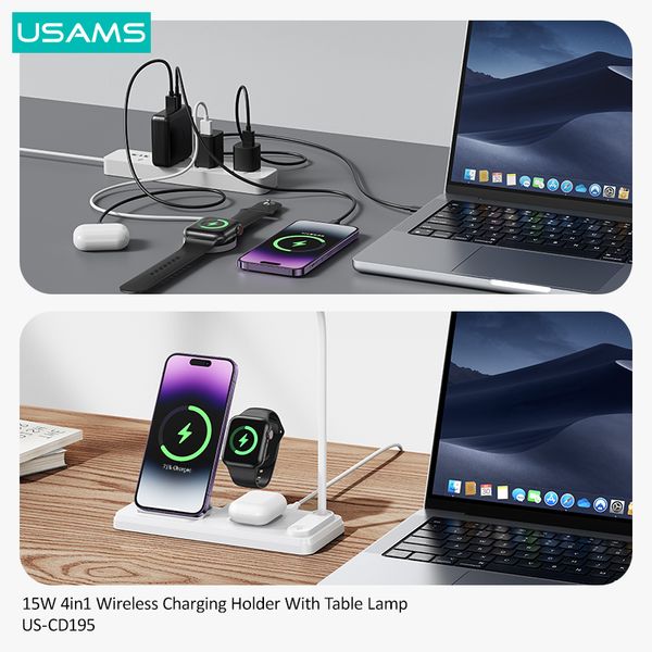 Đế sạc không dây tích hợp đèn bàn USAMS CD195 15W 4in1 Wireless Charging Holder With Table Lamp