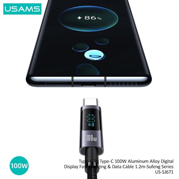 Cáp sạc nhanh USAMS SJ671 Type-C To Type-C 100W Aluminum Alloy Digital Display Sufeng Series