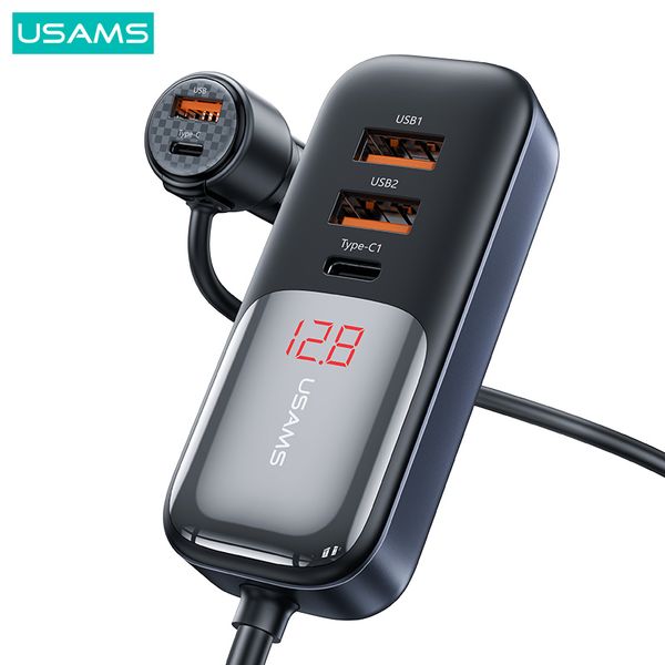 Tẩu Sạc Cho Ô Tô 2C + 3A USAMS CC213 C40 165W (Digital Display, QC, PD3.0, with 1.5m Data Cable)