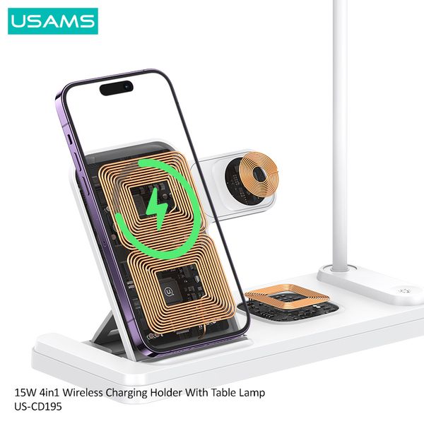 Đế sạc không dây tích hợp đèn bàn USAMS CD195 15W 4in1 Wireless Charging Holder With Table Lamp