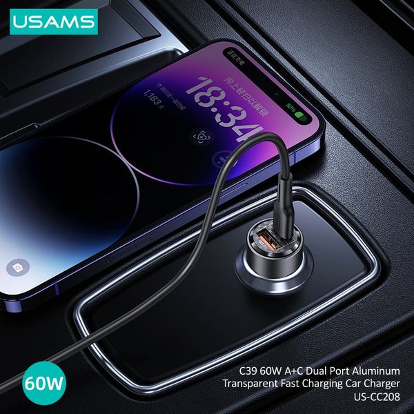 Tẩu Sạc Dành Cho Ô Tô USAMS CC208 C39 60W USB+Type-C (Transparent)