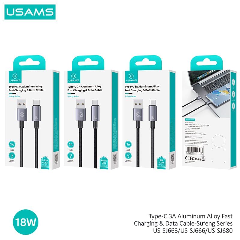 Cáp sạc nhanh USAMS SJ680/SJ663 Type-C 3A Aluminum Alloy Sufeng Series