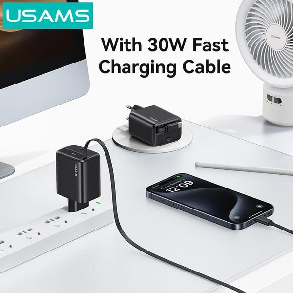 Bộ Sạc Nhanh Kèm Cáp Sạc Dây Rút USAMS CC241 30W Type-C Charger GaN PD3.0+QC3.0