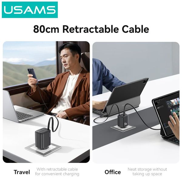 Bộ Sạc Nhanh Kèm Cáp Sạc Dây Rút USAMS CC241 30W Type-C Charger GaN PD3.0+QC3.0