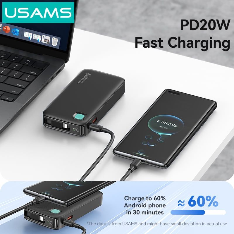 Pin Dự Phòng Tích Hợp Cáp Dây Rút Lightning USAMS CD225 10000mAh 20W (LED Display)