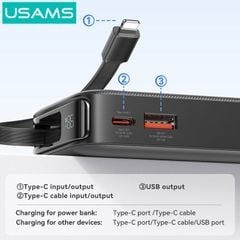 Pin Dự Phòng Tích Hợp Cáp Dây Rút Lightning USAMS CD225 10000mAh 20W (LED Display)