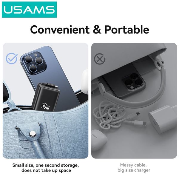 Bộ Sạc Nhanh Kèm Cáp Sạc Dây Rút USAMS CC241 30W Type-C Charger GaN PD3.0+QC3.0