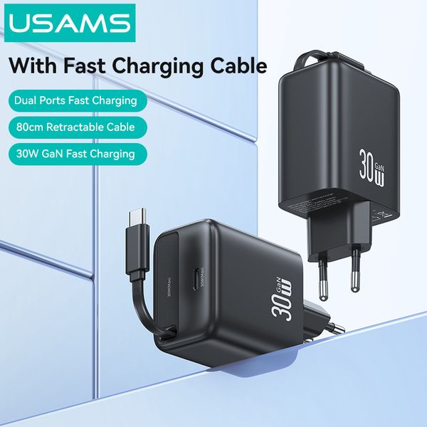 Bộ Sạc Nhanh Kèm Cáp Sạc Dây Rút USAMS CC241 30W Type-C Charger GaN PD3.0+QC3.0