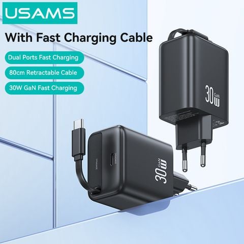 Bộ Sạc Nhanh Kèm Cáp Sạc Dây Rút USAMS CC241 30W Type-C Charger GaN PD3.0+QC3.0