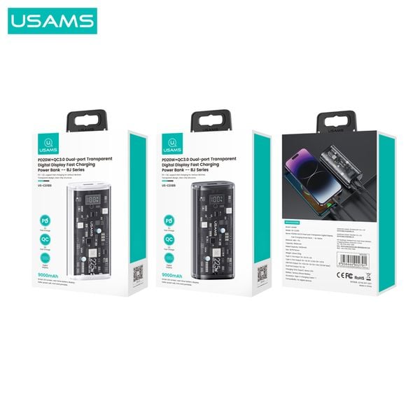 Pin Dự Phòng sạc nhanh nhỏ gọn USAMS CD189 9000mAh 20W (Digital Display, USB+Type-C port, Trong suốt, PD + QC3.0)