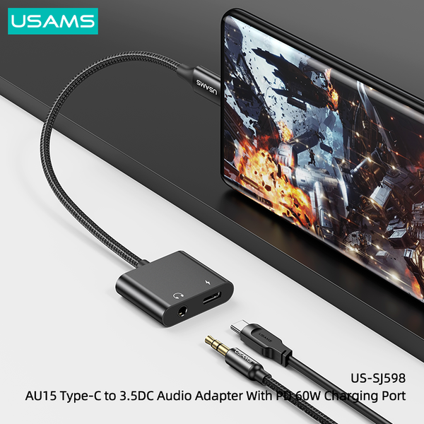Đầu chuyển Type-C to Audio 3.5 DC USAMS AU15 + PD 60W