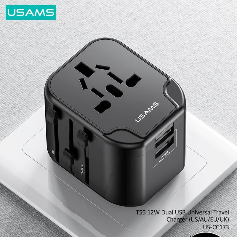 Bộ Sạc Du Lịch USAMS CC173 T55 12W Dual USB-A Universal Travel Charger (US/UK/EU/CN Plug)