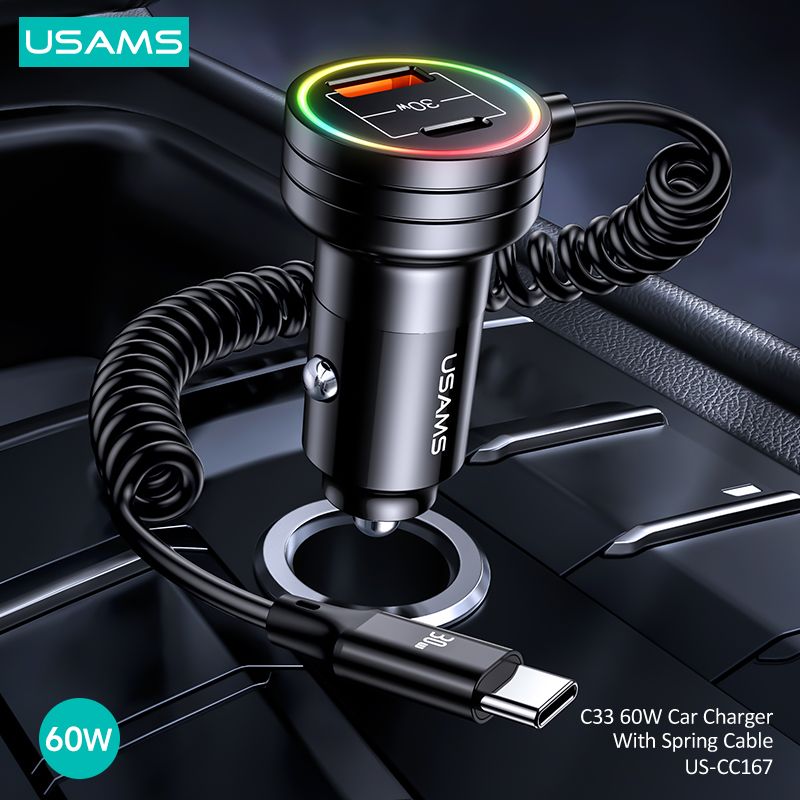 Tẩu Sạc Nhanh Kèm Cáp USAMS CC167 C33 60W USB+Type-C Dual Ports