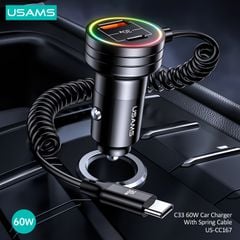 Tẩu Sạc Nhanh Kèm Cáp USAMS CC167 C33 60W USB+Type-C Dual Ports