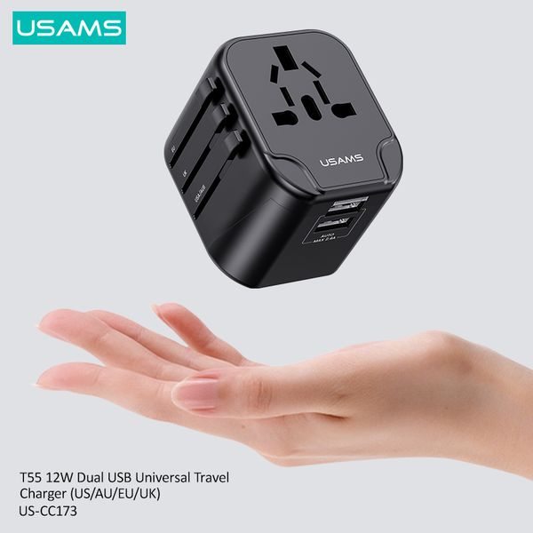 Bộ Sạc Du Lịch USAMS CC173 T55 12W Dual USB-A Universal Travel Charger (US/UK/EU/CN Plug)