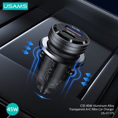 Tẩu Sạc Dành Cho Ô Tô USAMS CC175 C35 45W (Transparent, USB-A + Type-C, with Light)