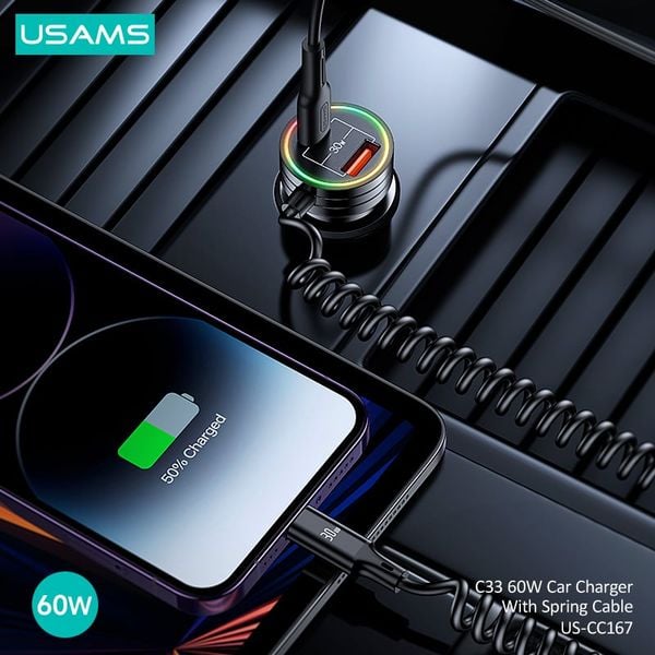 Tẩu Sạc Nhanh Kèm Cáp USAMS CC167 C33 60W USB+Type-C Dual Ports