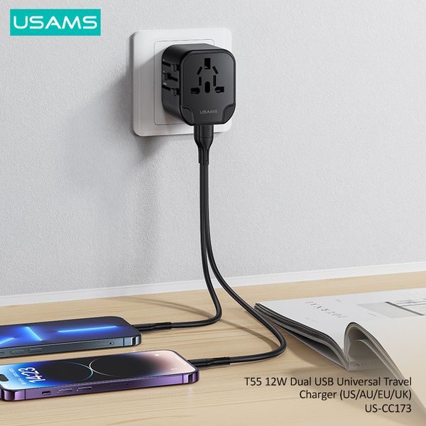 Bộ Sạc Du Lịch USAMS CC173 T55 12W Dual USB-A Universal Travel Charger (US/UK/EU/CN Plug)