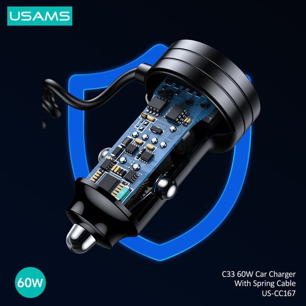 Tẩu Sạc Nhanh Kèm Cáp USAMS CC167 C33 60W USB+Type-C Dual Ports