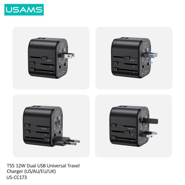 Bộ Sạc Du Lịch USAMS CC173 T55 12W Dual USB-A Universal Travel Charger (US/UK/EU/CN Plug)